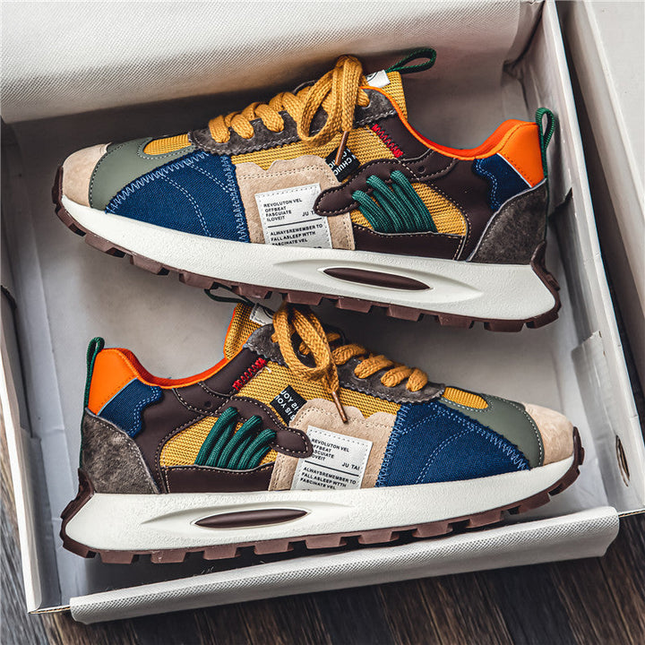 Bold multi-color men's retro skate sneakers, Y2K fashion, comfortable athletic footwear, perfect for streetwear.