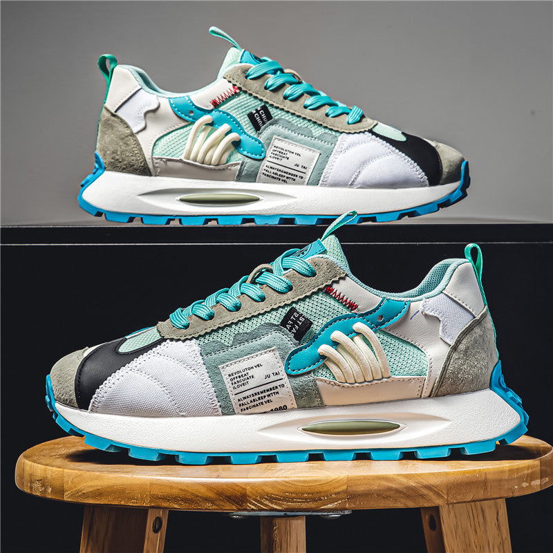 Lace-up mens retro shoes with dynamic Y2K fashion, multi-color skate style, comfortable athletic footwear.