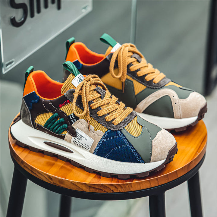 Mens retro skate culture sneakers, Y2K streetwear style, multi-color comfortable lace-up bold design shoes.