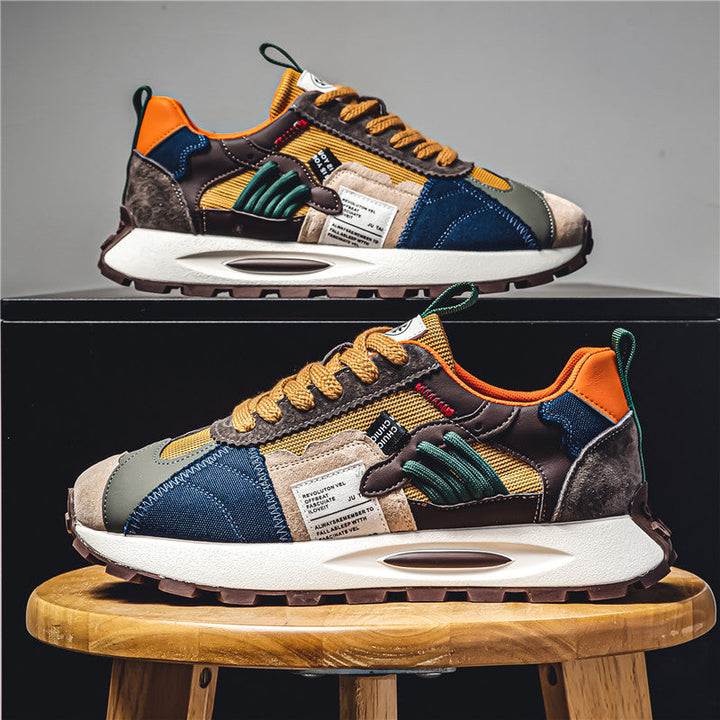 Side view: multi-color men's retro skate sneakers, bold Y2K style, comfortable athletic footwear for urban look.