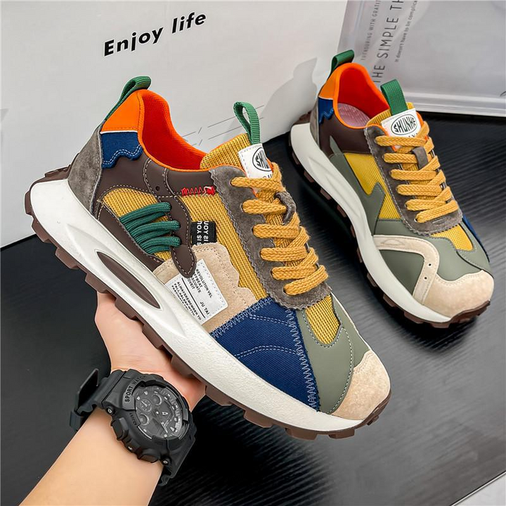 Mens retro skate style sneakers, Y2K fashion, bold multi-color design, comfortable athletic footwear for street.