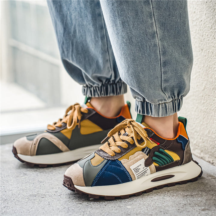 Retro skate culture mens sneakers, dynamic Y2K style, multi-color bold design footwear for modern fashion.