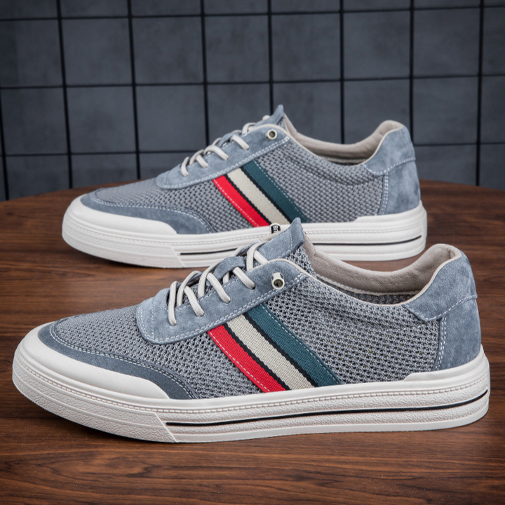 Brown and blue retro men's casual sneakers, providing all-day comfort for a stylish look.
