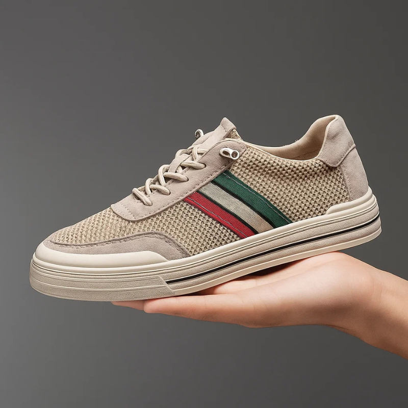 Stylish men's brown and blue retro sneakers for comfortable all-day walking and casual wear.