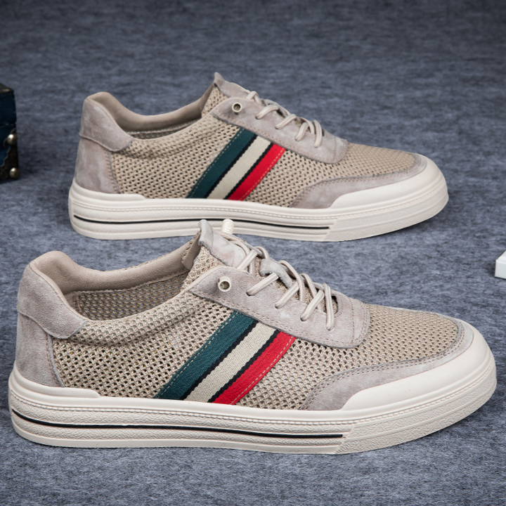 Brown and blue men's retro casual footwear, combining sporty style with all-day comfort.