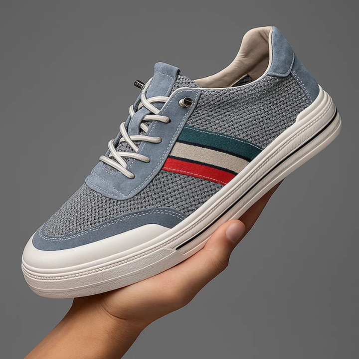 Sporty men's brown & blue retro casual sneakers, built for comfort and style in any setting.