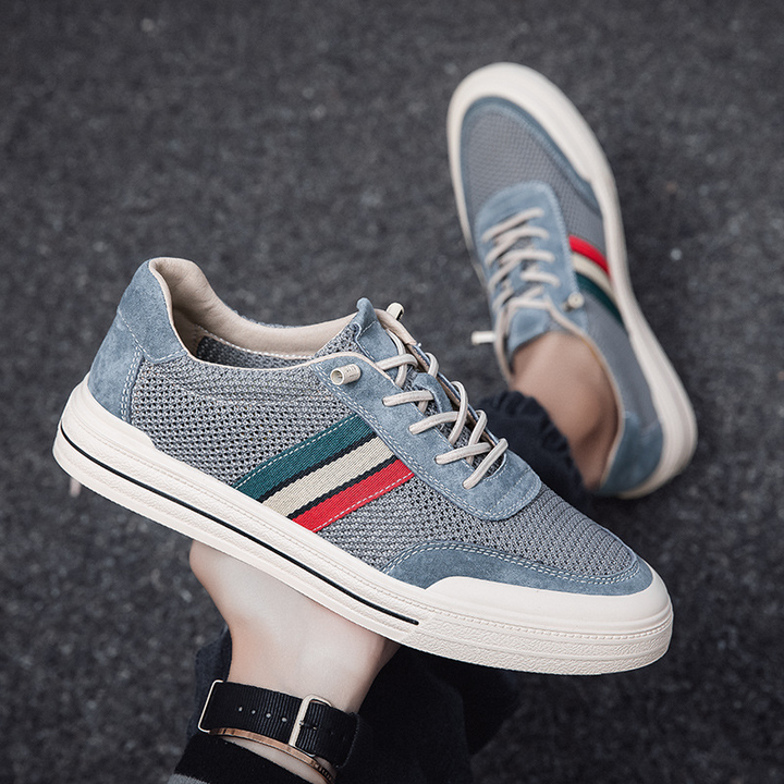 Stylish men's brown & blue retro sneakers, perfect for casual outfits & comfortable daily wear.