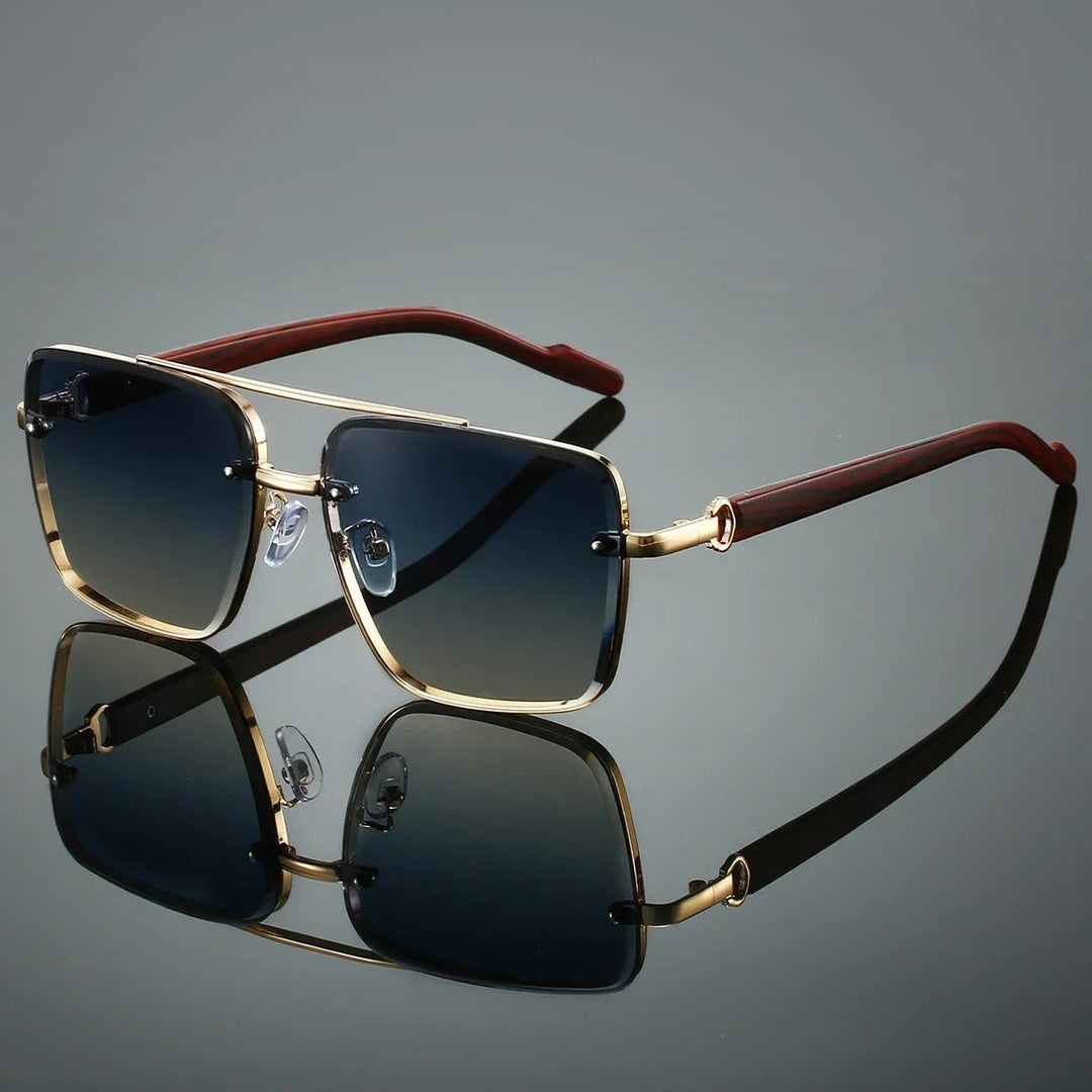 Fashionable men's square sunglasses, gold-tone accents, wood arms & dark tinted lenses.