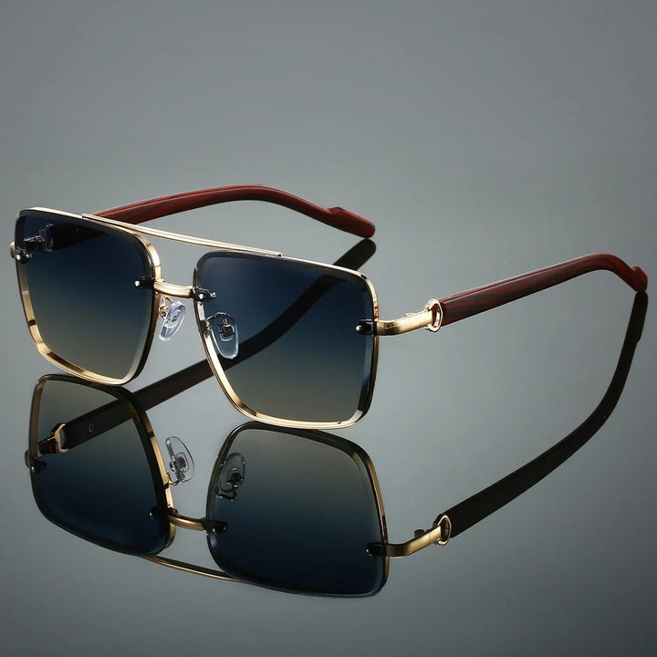 Fashionable men's square sunglasses, gold-tone accents, wood arms & dark tinted lenses.