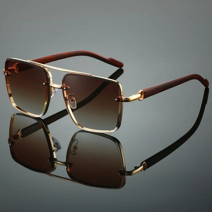 Retro mens square sunglasses, stylish wood arms, UV protective & classic shades.