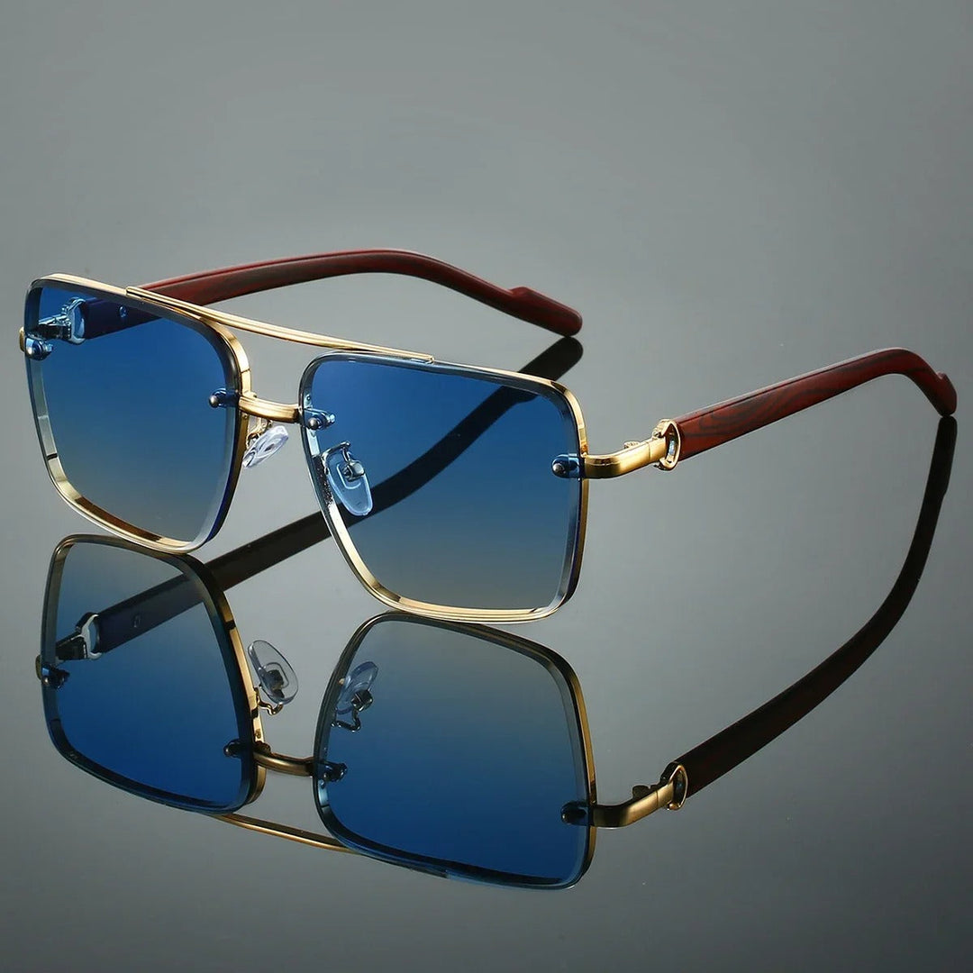 Men's vintage square sunglasses with natural wood arms, tinted lenses & UV protection.