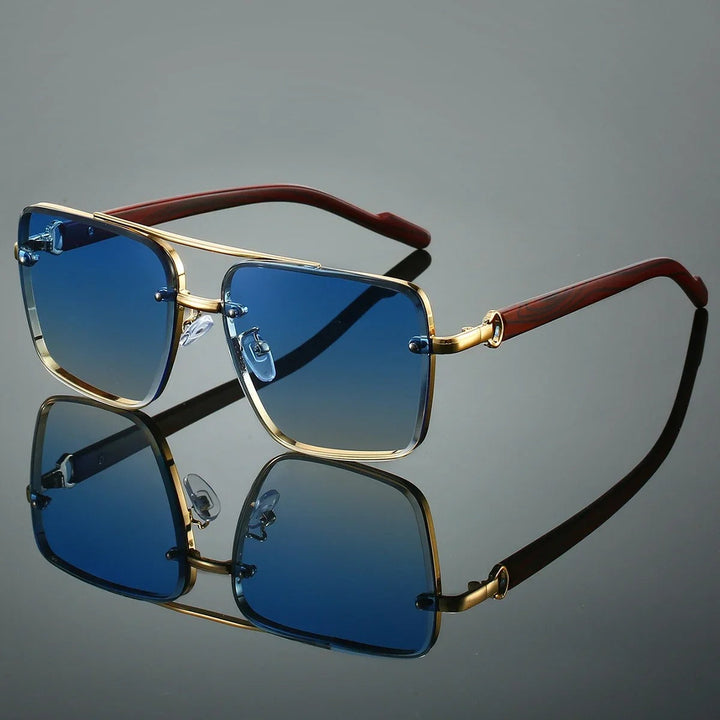 Men's vintage square sunglasses with natural wood arms, tinted lenses & UV protection.