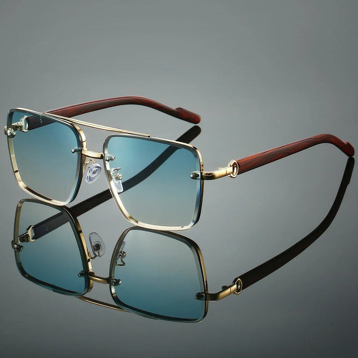 Modern men's square frame sunglasses, retro design, wood temples & UV protective lenses.