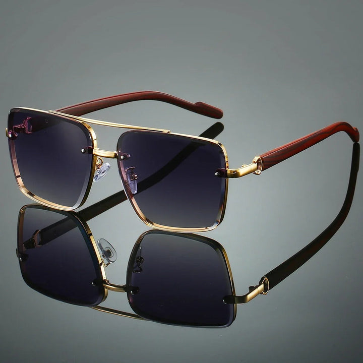 Stylish men's square sunglasses, wood arms, gold tone, for fashion & UV protection.