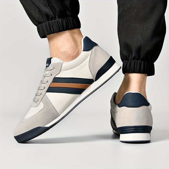 Lightweight men's sneakers featuring retro stripes, great for casual walking & daily wear comfort.