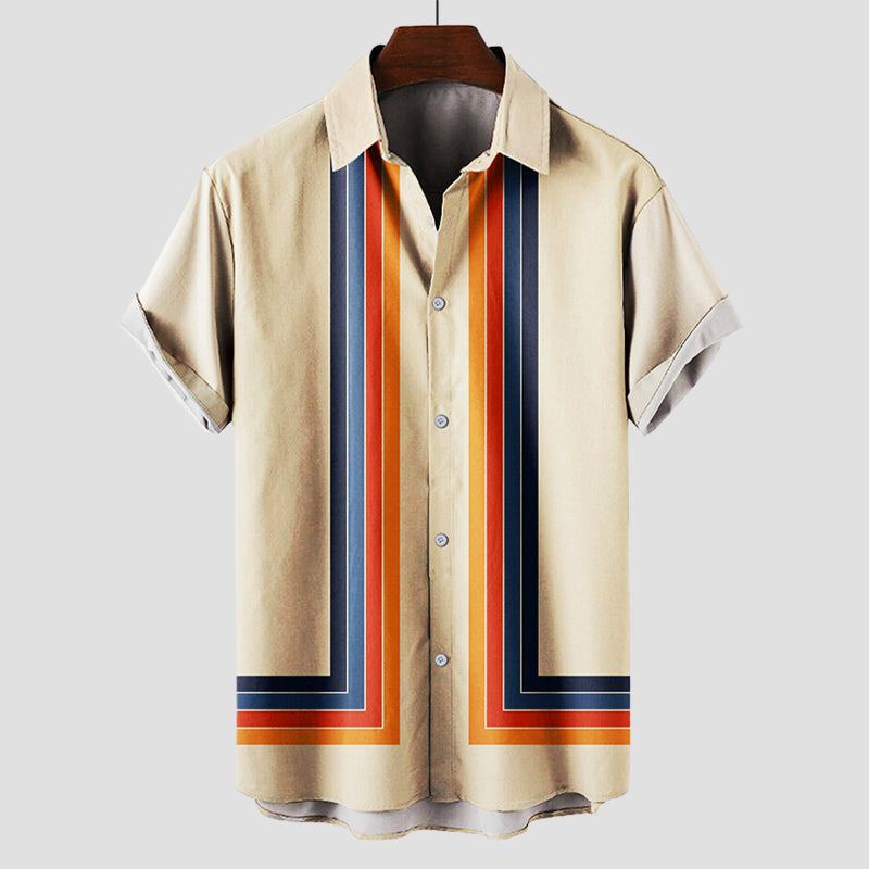 Men's retro sunset stripe short sleeve button-down shirt. Relaxed fit for casual summer style & comfort.