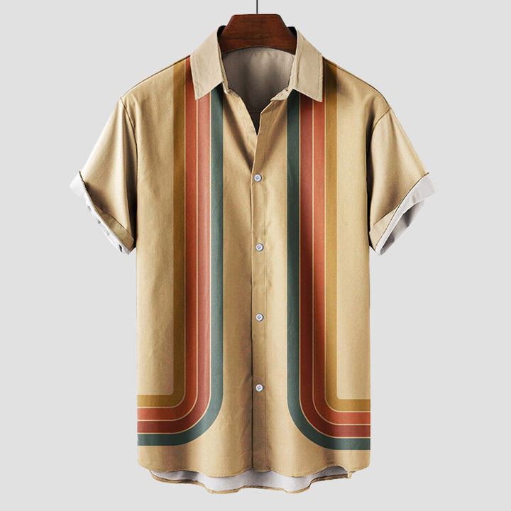 Vibrant men's retro sunset stripe shirt, perfect for summer. Short sleeve casual button-down with vintage style.