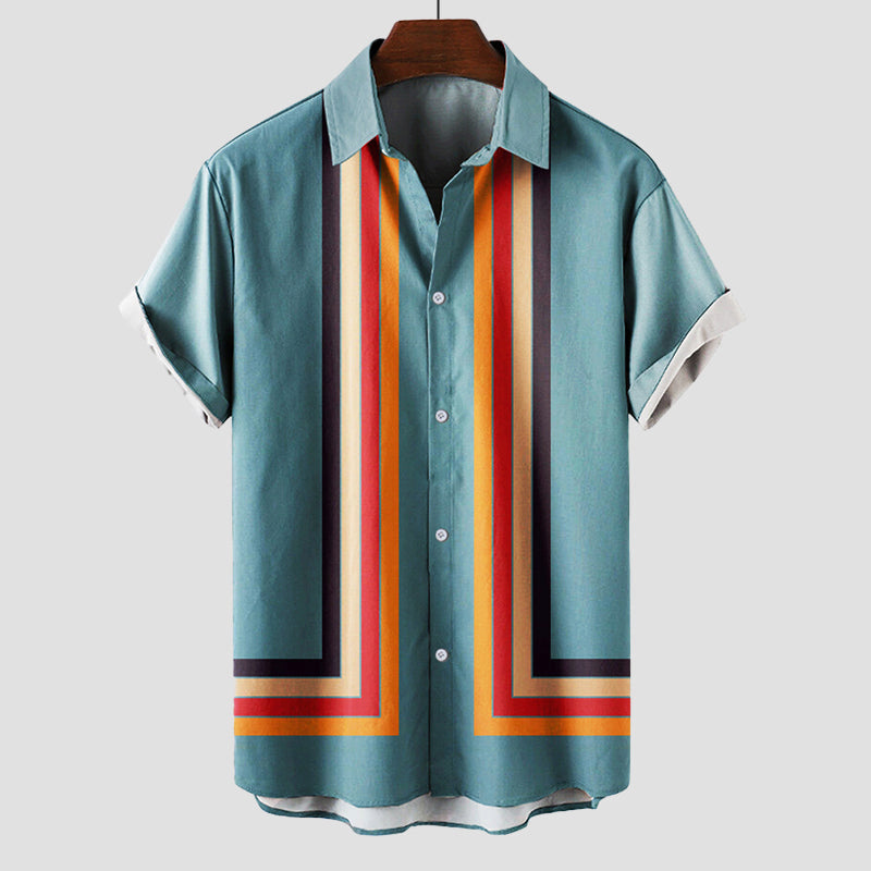 Man wearing a stylish retro sunset stripe short sleeve shirt. Casual button-down perfect for summer comfort.
