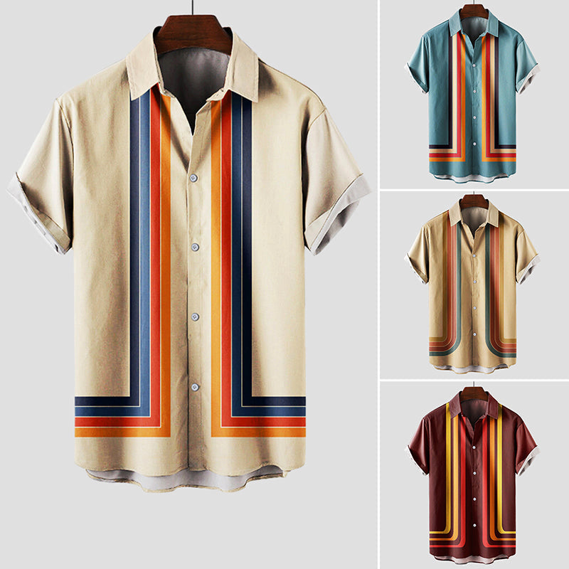 Close-up of men's retro sunset stripe shirt fabric & button details. Vintage-inspired short sleeve summer style.