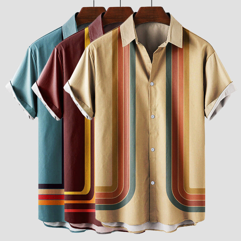 Classic men's retro stripe short sleeve button-down shirt. Vintage-inspired for casual summer style and comfort.