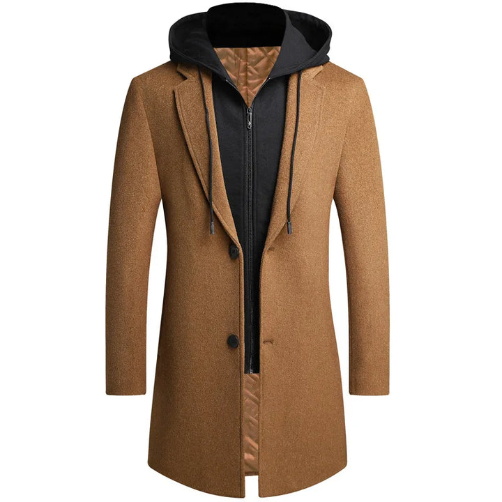 Men's retro trench coat with detachable hood, perfect versatile overcoat for winter & fall outerwear.