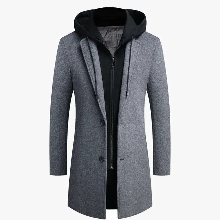 Classic men's retro trench coat, warm fall/winter overcoat with a stylish detachable hood.