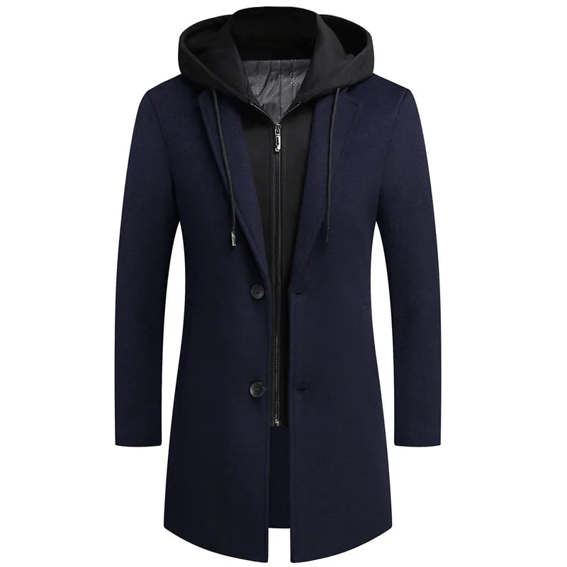 Versatile men's retro trench coat, a stylish long overcoat with detachable hood for fall & winter.