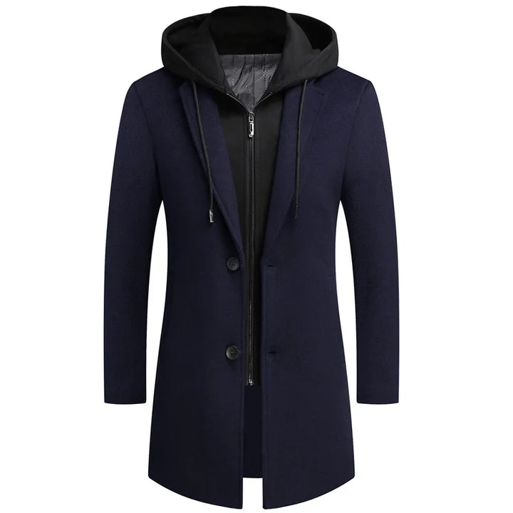Versatile men's retro trench coat, a stylish long overcoat with detachable hood for fall & winter.
