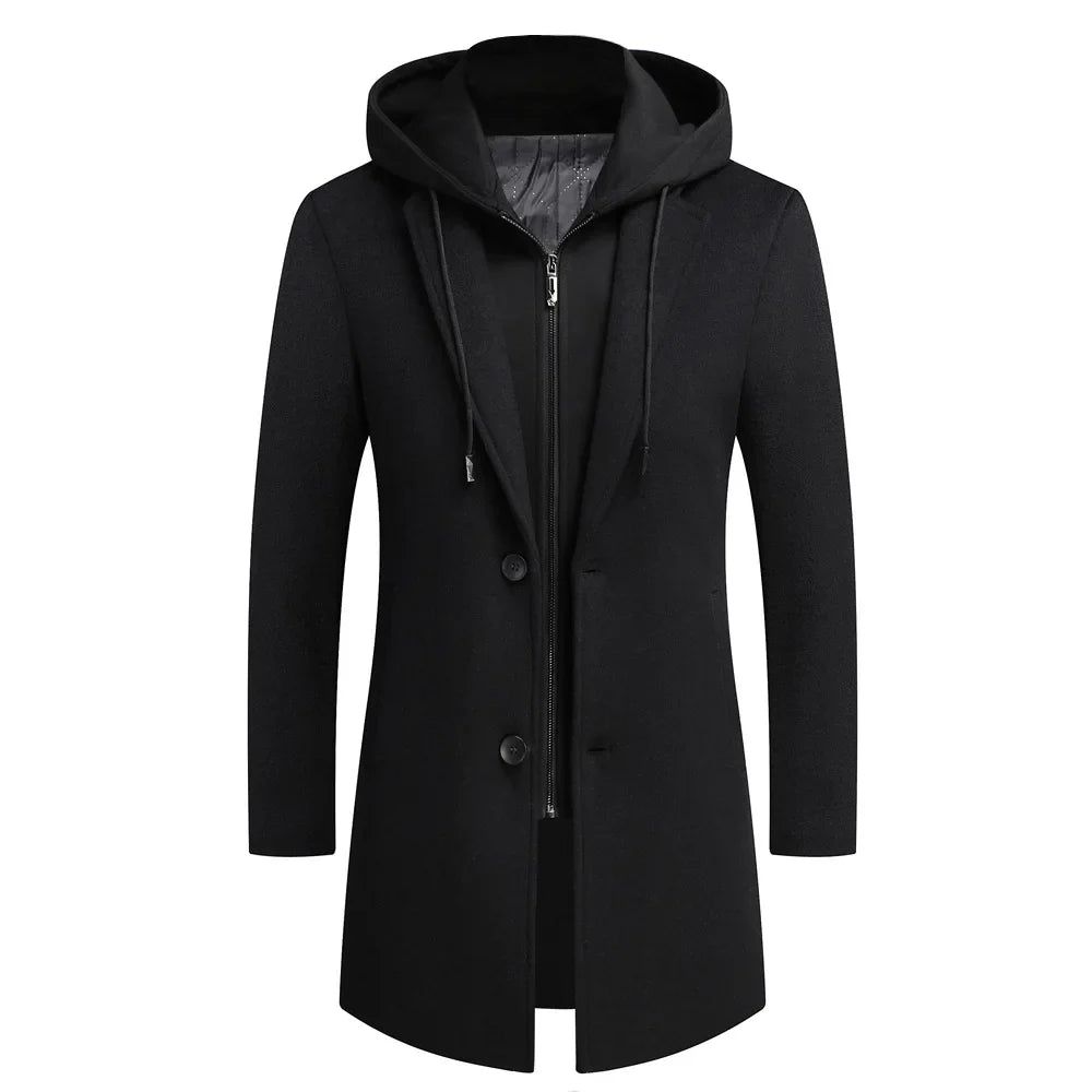 Stylish men's retro trench coat. Classic long overcoat, warm for winter, features a detachable hood.