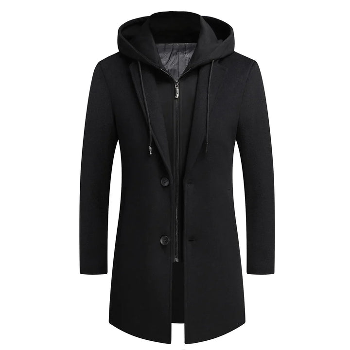 Stylish men's retro trench coat. Classic long overcoat, warm for winter, features a detachable hood.
