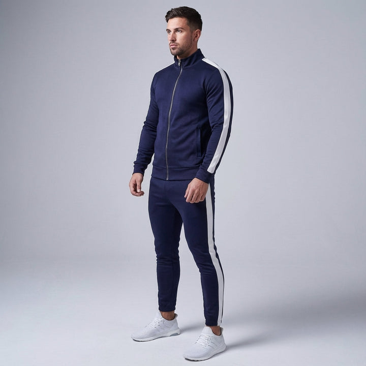 Dynamic men's retro two-piece training suit. Austin polyester athletic outfit for gym & casual wear.