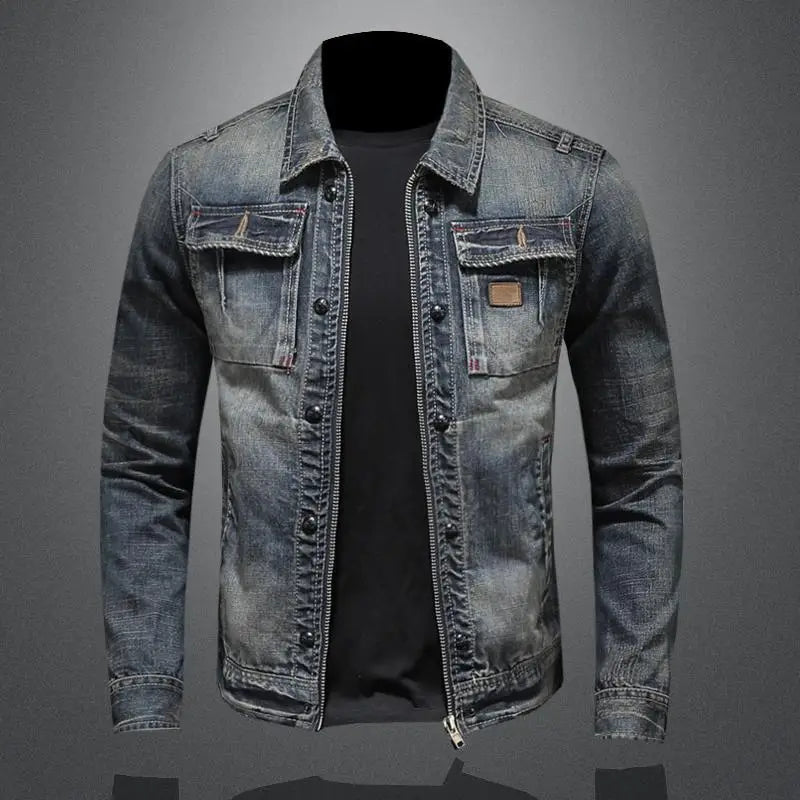 Men's retro vintage style casual jacket. Denim gray, perfect for fall and spring everyday wear.