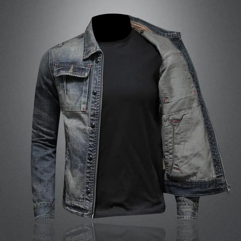 Stylish men's denim gray retro jacket. Vintage casual outerwear, ideal for layered everyday fashion.