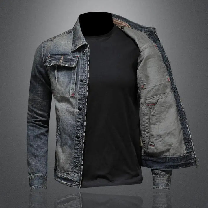 Stylish men's denim gray retro jacket. Vintage casual outerwear, ideal for layered everyday fashion.