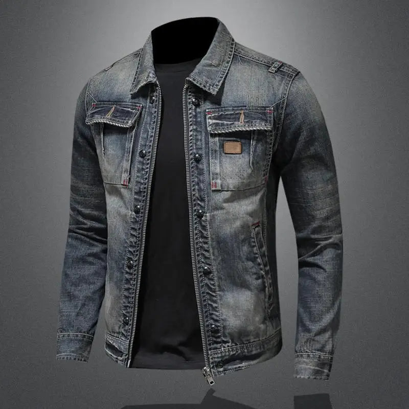 Classic men's gray denim jacket, vintage style. Versatile casual outerwear for modern fall and spring fashion.