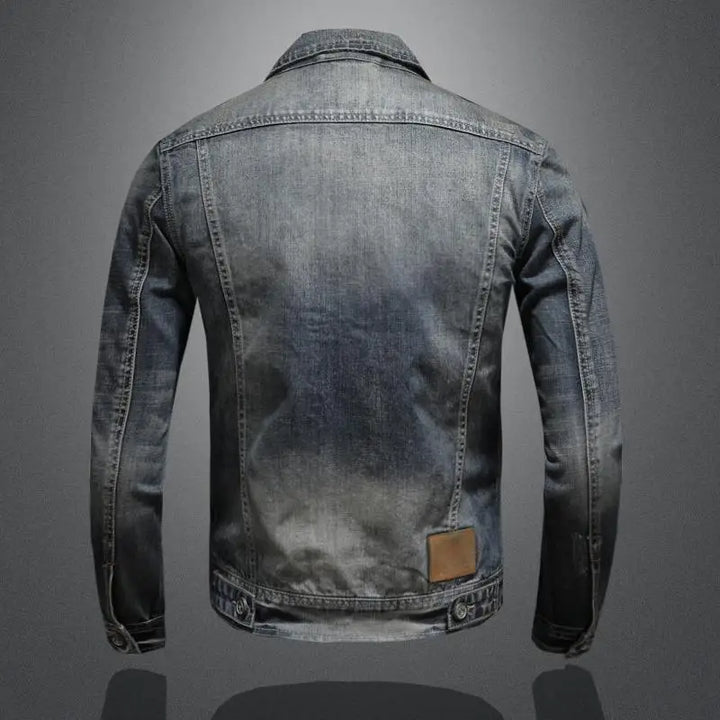 Men's retro vintage gray denim jacket, a classic casual outerwear piece for fall & spring layered looks.
