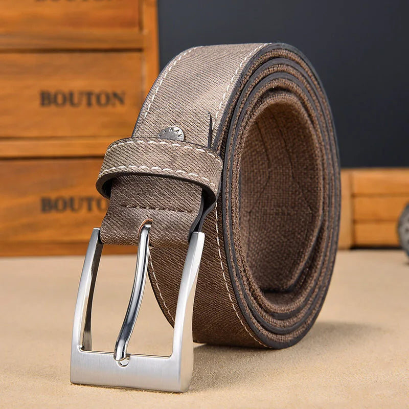 Casual men's denim-look belt, reversible to a more formal solid side for versatile styling.