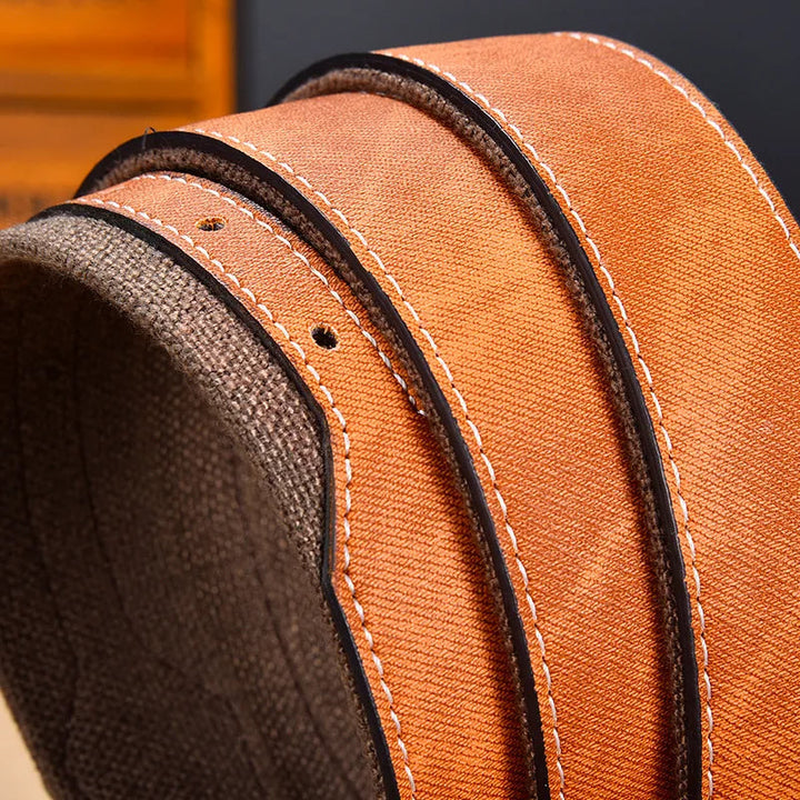 Men's durable reversible belt, featuring a distressed denim-look and a smooth canvas reverse.