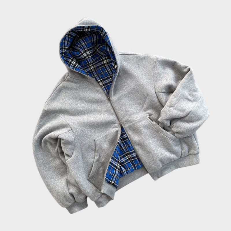 Oversized men's hoodie, reversible with a trendy checked pattern on one side & a solid color on the other.