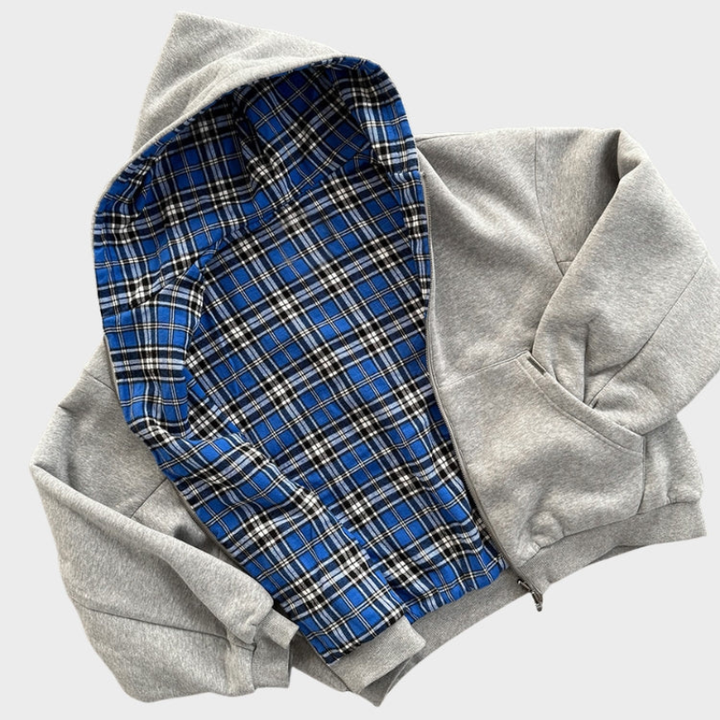 Stylish men's reversible oversized zipper hoodie, two-sided with a modern checked pattern & a solid design.