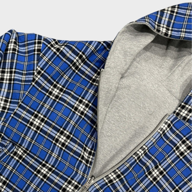 Solid color men's reversible oversized hoodie, also featuring a fashionable checked pattern, versatile for casual wear.