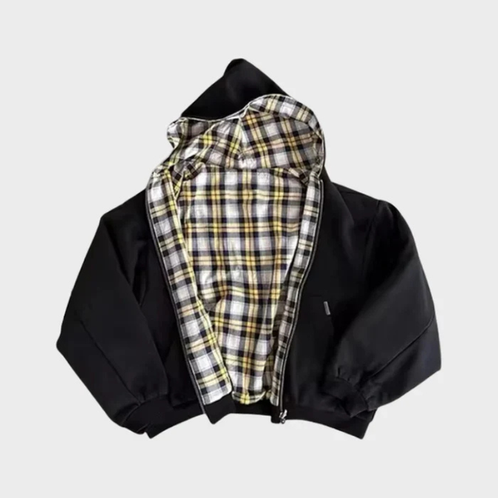 Two-sided men's reversible oversized hoodie, featuring a solid color & a checked pattern for versatile, stylish wear.