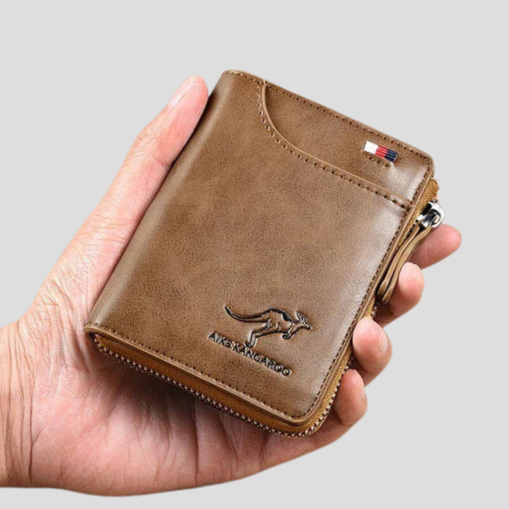 Brown men's RFID blocking bifold wallet, a secure zip-around card holder. Perfect everyday carry gift for him.