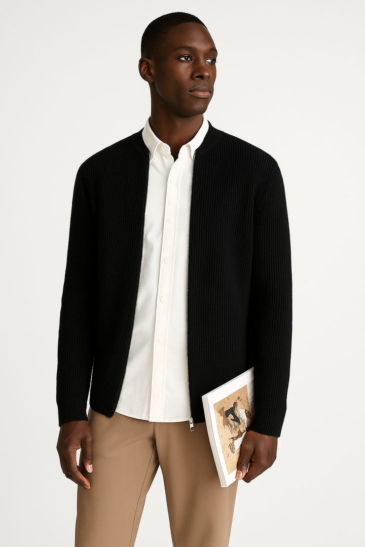 Men's ribbed cardigan sweater with versatile double zipper. Perfect for layering in fall & winter fashion.