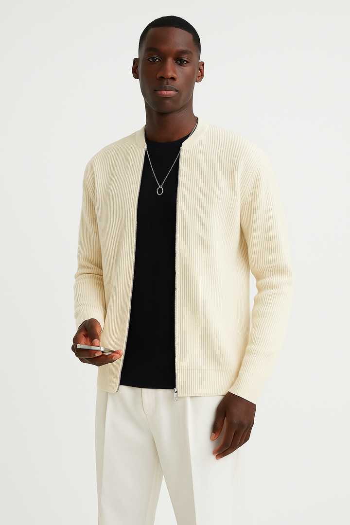 Stylish men's ribbed long sleeve cardigan sweater. Double zipper adds a modern touch for smart casual & everyday wear.