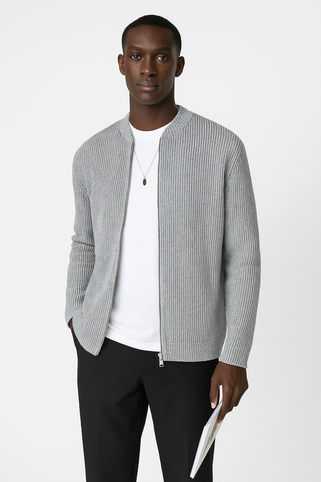 Versatile men's ribbed cardigan sweater, double zipper style. Ideal for fall & winter layering, smart casual fashion.