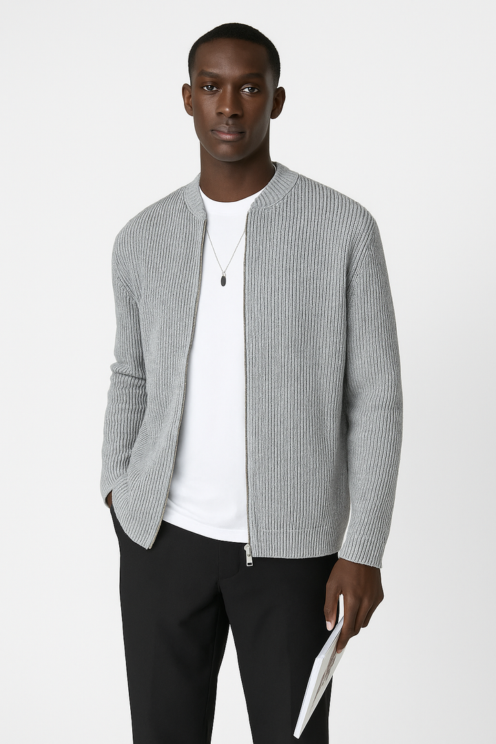 Versatile men's ribbed cardigan sweater, double zipper style. Ideal for fall & winter layering, smart casual fashion.