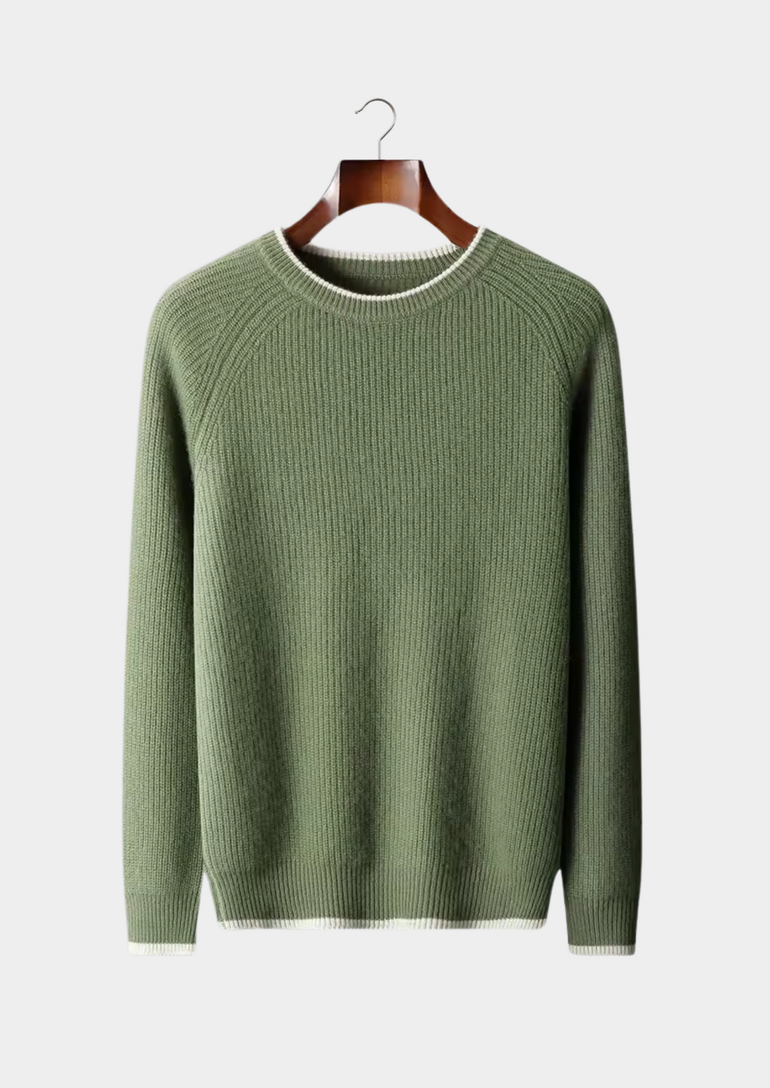 Front view of a classic men's ribbed crew neck knitted sweater, showcasing its clean lines.