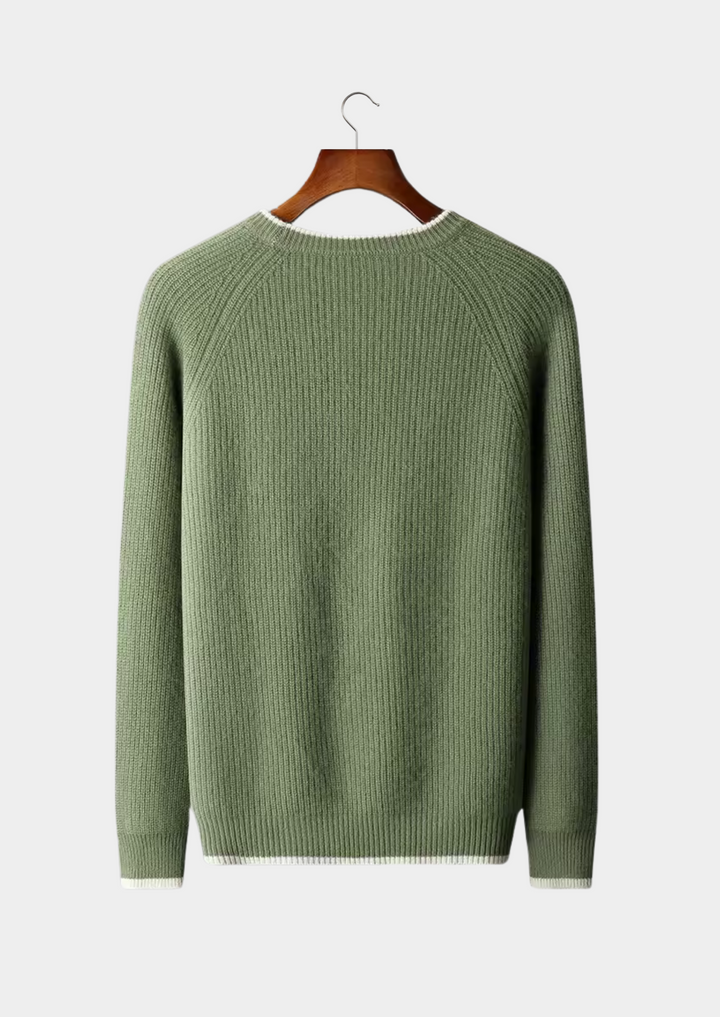 Back view of a comfortable men's everyday ribbed crew neck sweater, simple and modern.