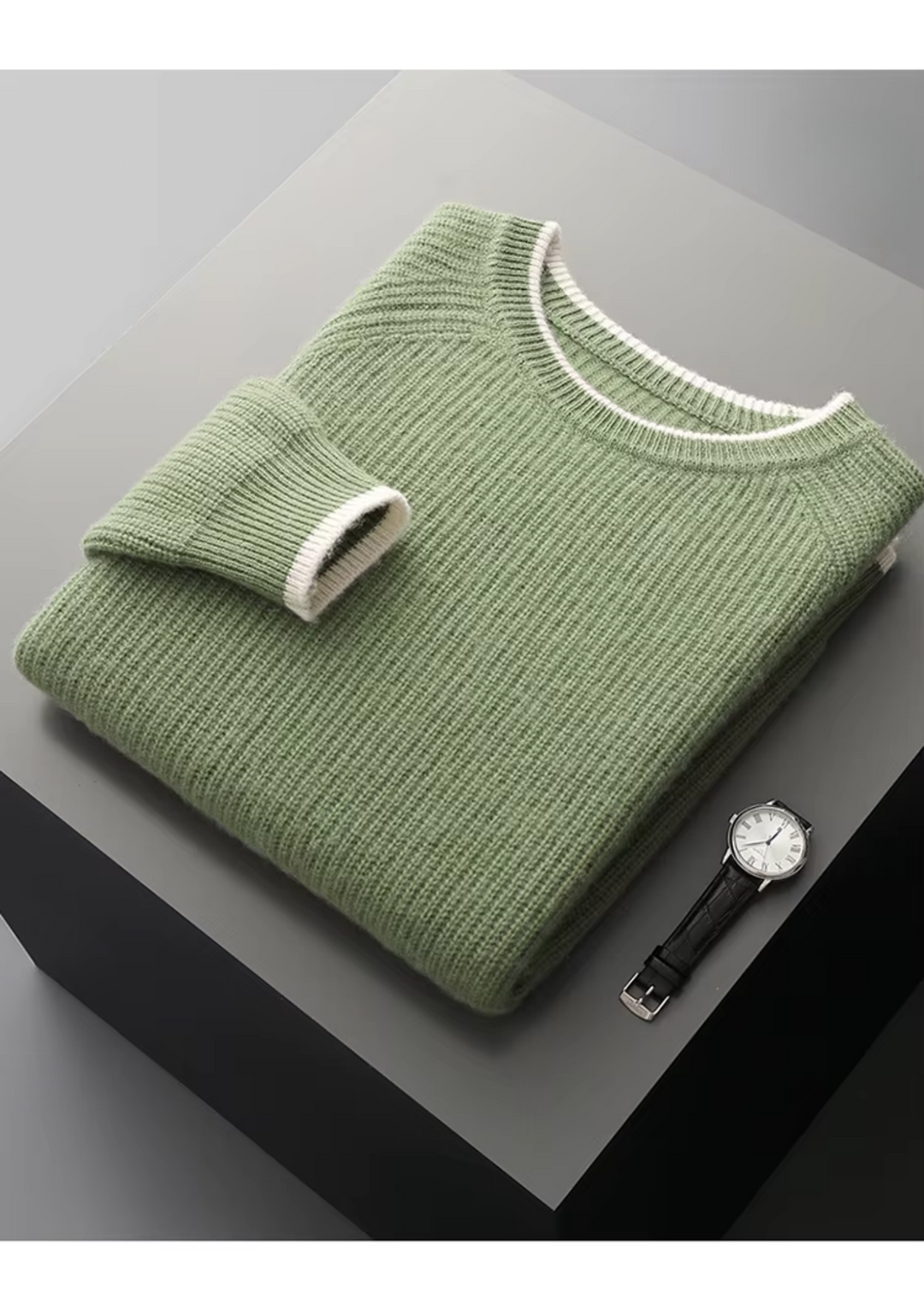 Premium knitted men's crew neck sweater with distinctive ribbed texture for a classic look.